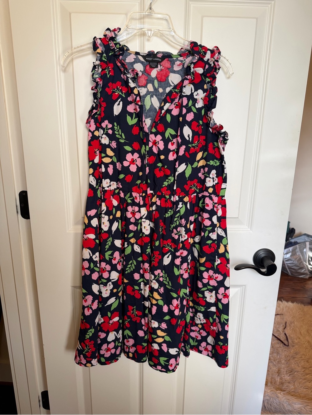 Maggy London Navy Floral Ruffle-Trim Dress